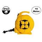 Automatische Kabelhaspel Geel 15 meter + 4x Schuko 16A 220-250VAC , Snoerdikte: 3x 1,5mm2, Max: 1000/ 3000W, IP44 (Spatwaterbestendig), inclusief kinderbeveiliging en overspanningsbeveiliging