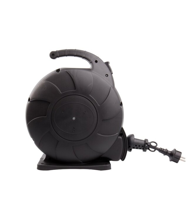 Automatische Kabelhaspel Zwart 15 meter + 4x Schuko 16A 220-250VAC , Snoerdikte: 3x 1,5mm2, Max: 1000/ 3000W, IP44 (Spatwaterbestendig), inclusief kinderbeveiliging en overspanningsbeveiliging