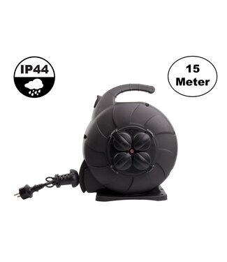 Automatische Kabelhaspel Zwart 15 meter + 4x Schuko 16A 220-250VAC , Snoerdikte: 3x 1,5mm2, Max: 1000/ 3000W, IP44 (Spatwaterbestendig), inclusief kinderbeveiliging en overspanningsbeveiliging
