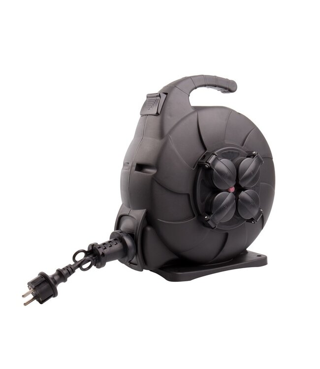 Automatische Kabelhaspel Zwart 15 meter + 4x Schuko 16A 220-250VAC , Snoerdikte: 3x 1,5mm2, Max: 1000/ 3000W, IP44 (Spatwaterbestendig), inclusief kinderbeveiliging en overspanningsbeveiliging