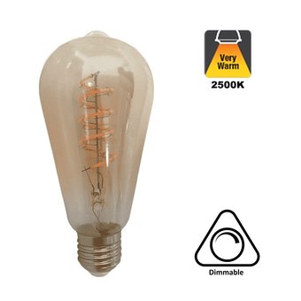 E27 Led Lamp 6,5w Edison, ST64, 2500K Flame, 325 Lumen, Dimbaar, Amber Glas, 2 Jaar Garantie