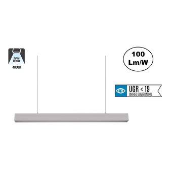 Led Linear Lamp 120cm met <UGR19 Diffuser, 40w, 4000 Lumen (100lm/w), 4000K Neutraal Wit, Zilverkleurige Behuizing, (Optioneel Dimbaar), 3 Jaar Garantie