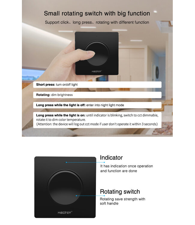 MiBoxer Draai Muurbediening  Single Color & CCT, 1-Zone, Zwart