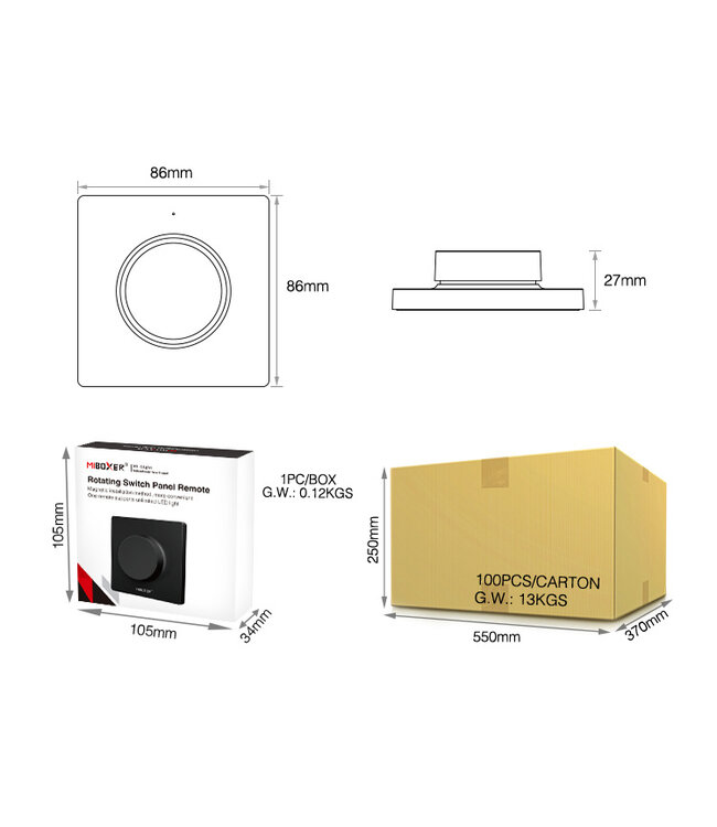 MiBoxer Draai Muurbediening  Single Color & CCT, 1-Zone, Zwart