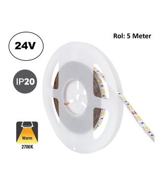 Led Strip ROL 5 Meter 2835SMD, 10w/m, 60 led/m, 1000Lm/m, 2700K Warm wit, 24v, IP20, 8mm, 2 Jaar garantie
