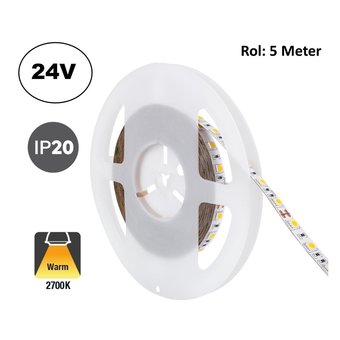 Led Strip ROL 5 Meter 2835SMD, 10w/m, 60 led/m, 1000Lm/m, 2700K Warm wit, 24v, IP20, 8mm, 2 Jaar garantie