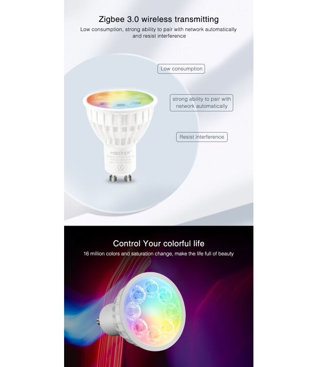 UITVERKOOP: Zigbee3.0 Miboxer  GU10 LED Spot 4w, RGB+CCT, 280 Lumen, Werkt via Zigbee 3.0 / App / Wifi, 2 Jaar Garantie