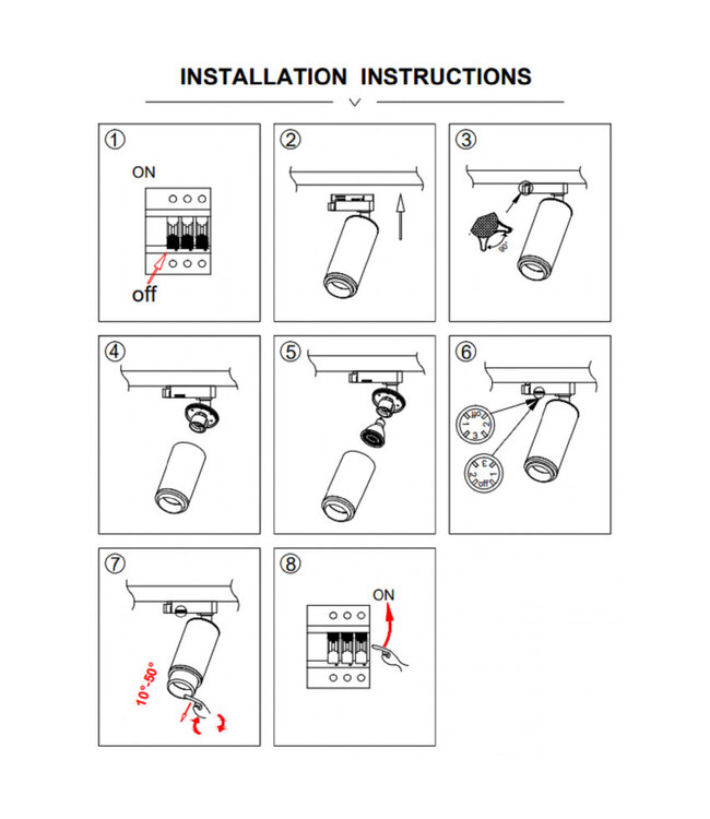 3 Fase Rail Spot met GU10 Fitting, Lange Koker met Verstelbare Lens 10°-50° , Zwartkleurige behuizing