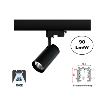 3 Fase Rail Spot Era 7w, 630 Lumen, 4000K Neutraal Wit, Zwartkleurige behuizing, 3 Jaar Garantie