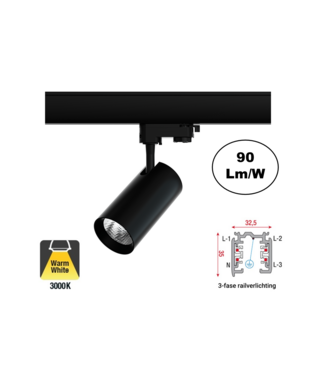 3 Fase Rail Spot Era 10w, 900 Lumen, 3000K Warm Wit, Zwartkleurige behuizing, 3 Jaar Garantie