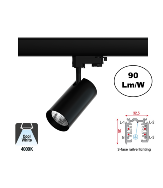 3 Fase Rail Spot Era 10w, 900 Lumen, 4000K Neutraal Wit, Zwartkleurige behuizing, 3 Jaar Garantie