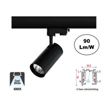 3 Fase Rail Spot Era 10w, 900 Lumen, 4000K Neutraal Wit, Zwartkleurige behuizing, 3 Jaar Garantie