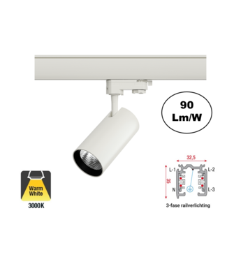 3 Fase Rail Spot Era 7w, 630 Lumen, 3000K Warm Wit, Witkleurige behuizing, 3 Jaar Garantie
