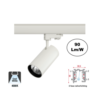 3 Fase Rail Spot Era 10w, 900 Lumen, 4000K Neutraal Wit, Witkleurige behuizing, 3 Jaar Garantie
