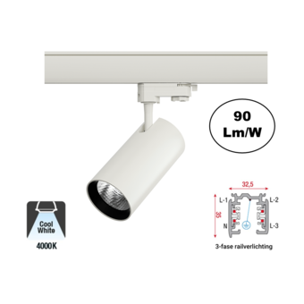 3 Fase Rail Spot Era 10w, 900 Lumen, 4000K Neutraal Wit, Witkleurige behuizing, 3 Jaar Garantie