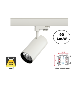 3 Fase Rail Spot Era 20w, 1800 Lumen, 3000K Warm Wit, Witkleurige behuizing, 3 Jaar Garantie