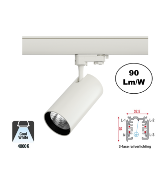 3 Fase Rail Spot Era 20w, 1800 Lumen, 4000K Neutraal Wit, Witkleurige behuizing, 3 Jaar Garantie