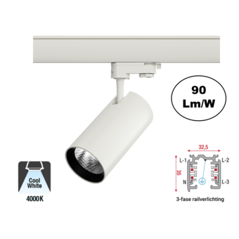 3 Fase Rail Spot Era 20w, 1800 Lumen, 4000K Neutraal Wit, Witkleurige behuizing, 3 Jaar Garantie