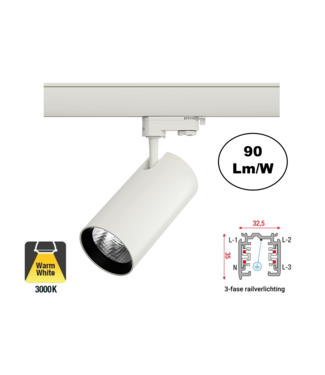 3 Fase Rail Spot Era 30w, 2700 Lumen, 3000K Warm Wit, Witkleurige behuizing, 3 Jaar Garantie