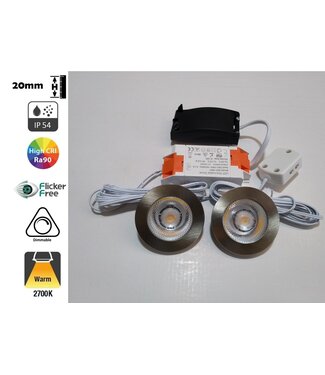 Inbouw LED Spot 2x3w CAB, 2x270 Lumen, 2700K, IP54, Dimbaar, CRI90, Staal Armatuur, Gatmaat 55mm, 2 Jaar Garantie