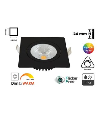 Inbouw LED Spot 5w Flat Vierkant, 450 Lumen, Dim To Warm, Kantelbaar, IP44, Dimbaar, CRI90, Zwart Armatuur, Gatmaat 75mm, 2 Jaar Garantie