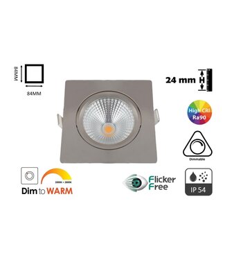 Inbouw LED Spot 5w Flat Vierkant, 450 Lumen, Dim To Warm, Kantelbaar, IP44, Dimbaar, CRI90, Staal Armatuur, Gatmaat 75mm, 2 Jaar Garantie