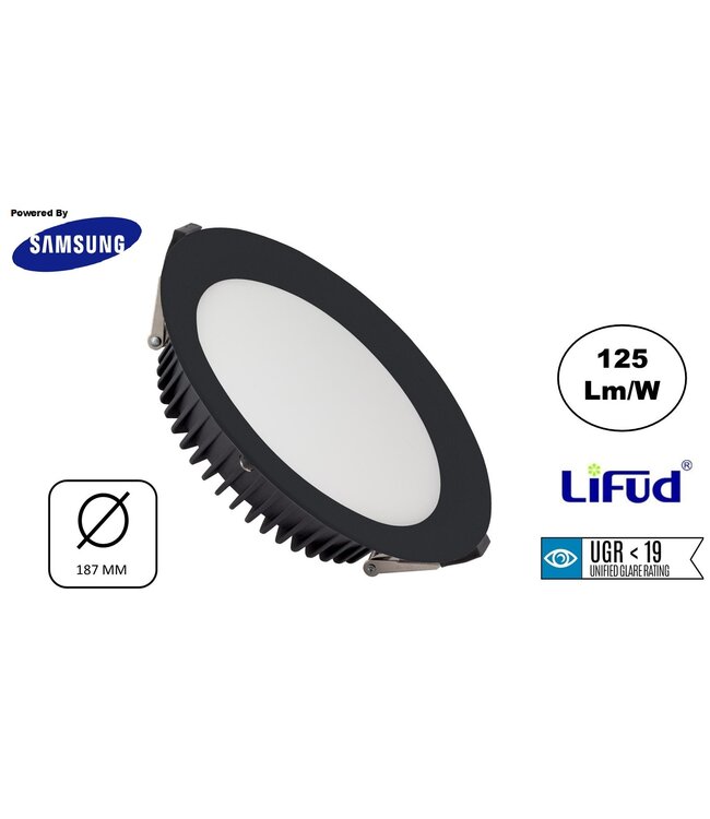 Reserveer: Led Downlighter Zwart N-Sarea 20w, 2500 Lumen, gatmaat Ø155mm, UGR<19, Samsung LEDS, Lifud LED Driver, 3 Jaar Garantie