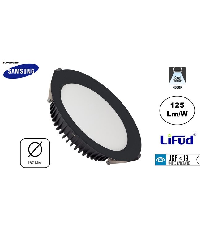 Led Downlighter Zwart N-Sarea 20w, 2500 Lumen, gatmaat Ø155mm, UGR<19, Samsung LEDS, Lifud LED Driver, 3 Jaar Garantie