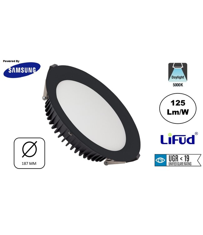 Led Downlighter Zwart N-Sarea 20w, 2500 Lumen, gatmaat Ø155mm, UGR<19, Samsung LEDS, Lifud LED Driver, 3 Jaar Garantie