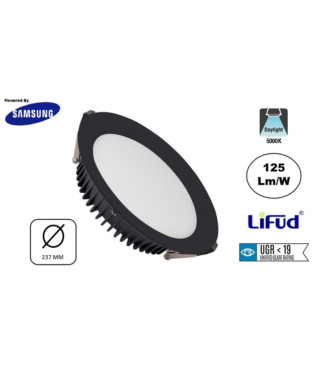 Led Downlighter Zwart N-Sarea 30w, 3750 Lumen, gatmaat Ø200mm, UGR<19, Samsung LEDS, Lifud LED Driver, 3 Jaar Garantie