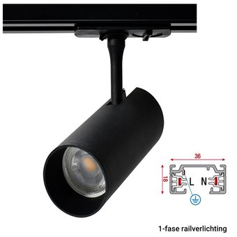 1 Fase Rail armatuur met GU10 Fitting met koker, Zwartkleurige behuizing