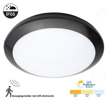 Led Plafonnière Zwart 16w, 1440 Lumen, Color Switch (3000/4000/6000K), Met bewegingssensor en terugdimfunctie, IP66, IK10, 3 Jaar Garantie