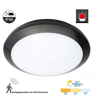 Led Plafonnière Zwart 16w, 1440 Lumen, Color Switch (3000/4000/6000K), Met noodaccu en bewegingssensor met terugdimfunctie, IP66, IK10, 3 Jaar Garantie
