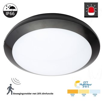 Led Plafonnière Zwart 16w, 1440 Lumen, Color Switch (3000/4000/6000K), Met noodaccu en bewegingssensor met terugdimfunctie, IP66, IK10, 3 Jaar Garantie