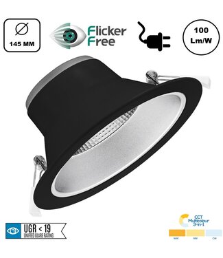 CCT Reflector Led Downlighter Zwart 12w, 1175-1230 Lumen, gatmaat Ø120mm, UGR19, Stekkerklaar, 3 Jaar Garantie