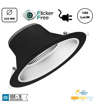 CCT Reflector Led Downlighter Zwart 20w, 1700-2000 Lumen, gatmaat Ø195mm, UGR19, Stekkerklaar, 3 Jaar Garantie