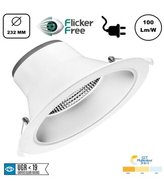 CCT Reflector Led Downlighter 15w, 1300-1500 Lumen, gatmaat Ø195mm, UGR19, Stekkerklaar, 3 Jaar Garantie