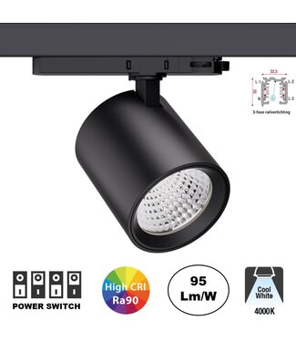 UITVERKOOP: 3 Fase LED Rail Spot met Wattage switch: 13-36W, 4000K Neutraal Wit, 1250 tot 3600 lumen, CRI>90, Zwarte Behuizing