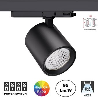 UITVERKOOP: 3 Fase LED Rail Spot met Wattage switch: 13-36W, 4000K Neutraal Wit, 1250 tot 3600 lumen, CRI>90, Zwarte Behuizing
