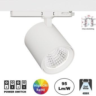 UITVERKOOP: 3 Fase LED Rail Spot met Wattage switch: 13-36W, 4000K Neutraal Wit, 1250 tot 3600 lumen, CRI>90, Witte Behuizing