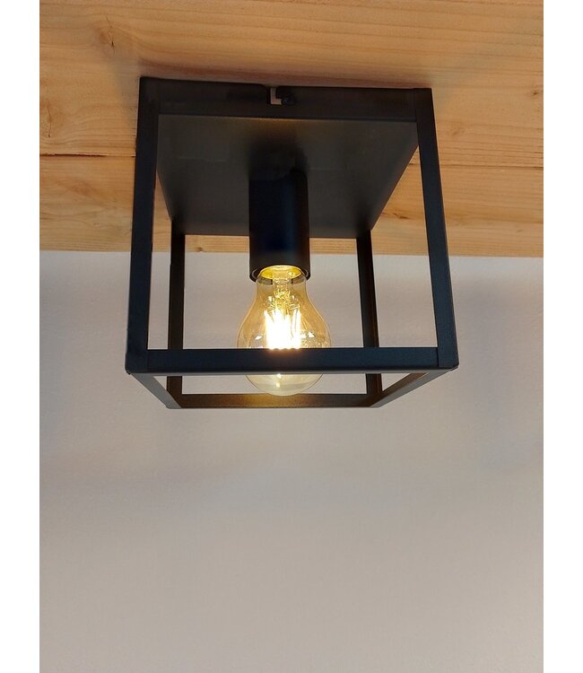 Industriële Plafondlamp Zwart | 16x16cm | Incl. Lichtbron E27 - 4w - 2400K - Dimbaar  | Retro | Vintage | Metaal