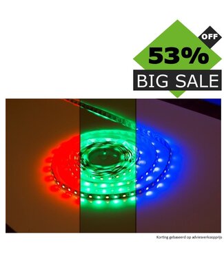 UITVERKOOP - Led Strip ROL 5 Meter 5050SMD, 12w/m, 72 led/m, 900Lm/m, RGB+3000K, 24v, IP33, 12mm