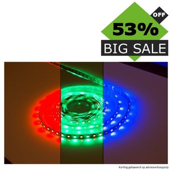 UITVERKOOP - Led Strip ROL 5 Meter 5050SMD, 12w/m, 72 led/m, 900Lm/m, RGB+3000K, 24v, IP33, 12mm