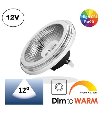 G53 AR111, 9w, 520 Lumen, 12V Ac/Dc,  Dim To Warm (2700K>1800K), 12°, CRI90, Dimbaar, 3 Jaar Garantie