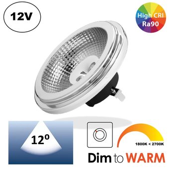 G53 AR111, 9w, 520 Lumen, 12V Ac/Dc,  Dim To Warm (2700K>1800K), 12°, CRI90, Dimbaar, 3 Jaar Garantie