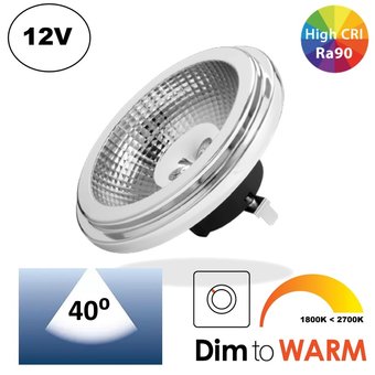 G53 AR111, 9w, 520 Lumen, 12V Ac/Dc,  Dim To Warm (2700K>1800K), 40°, CRI90, Dimbaar, 3 Jaar Garantie