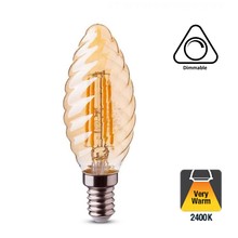 E14 Filament Ribbel LED Kaarslamp 2w Amber, 100 Lumen, 2400K Flame, Dimbaar, 2 Jaar Garantie