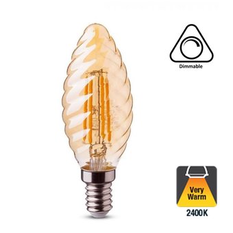 E14 Filament Ribbel LED Kaarslamp 2w Amber, 100 Lumen, 2400K Flame, Dimbaar, 2 Jaar Garantie