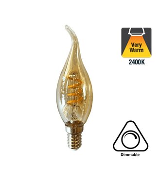 E14 Filament Kaarslamp met Tip, 1,6w, 2400K, Spiraal, Amber, 74 Lumen, Dimbaar, 2 jaar garantie