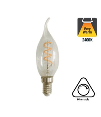E14 Filament Kaarslamp met Tip, 2w, 2400K, Spiraal, Helder, 100 Lumen, Dimbaar, 2 jaar garantie